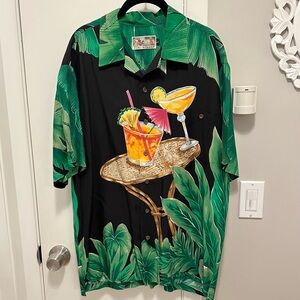 Vintage Tori Richard Men’s L Shirt Black Green Hawaiian Cocktail Tropical Print